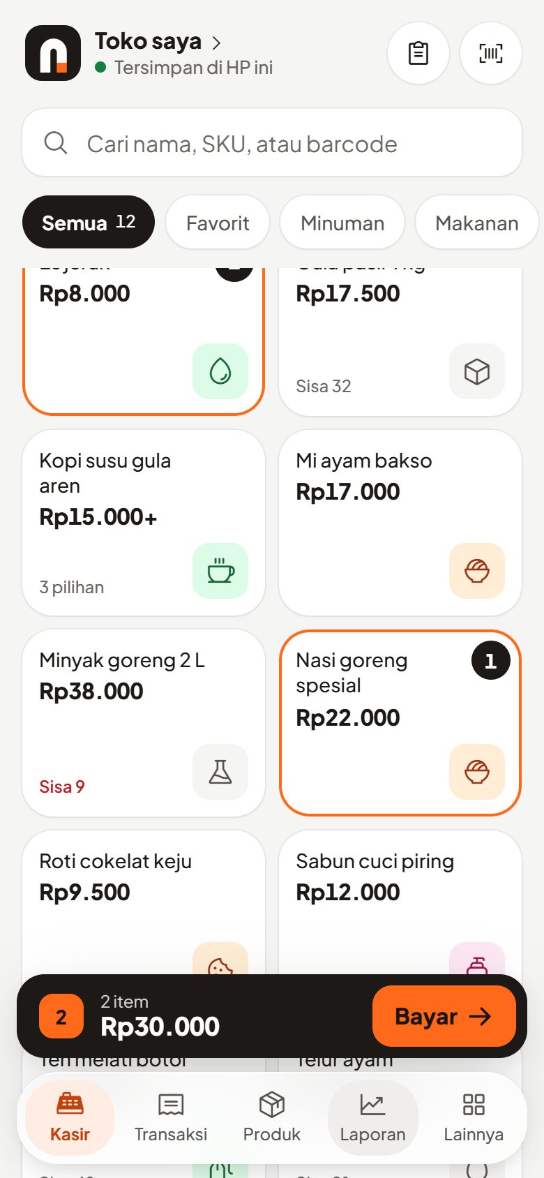 Layar kasir Nyetruk berisi daftar produk dan pesanan berjalan