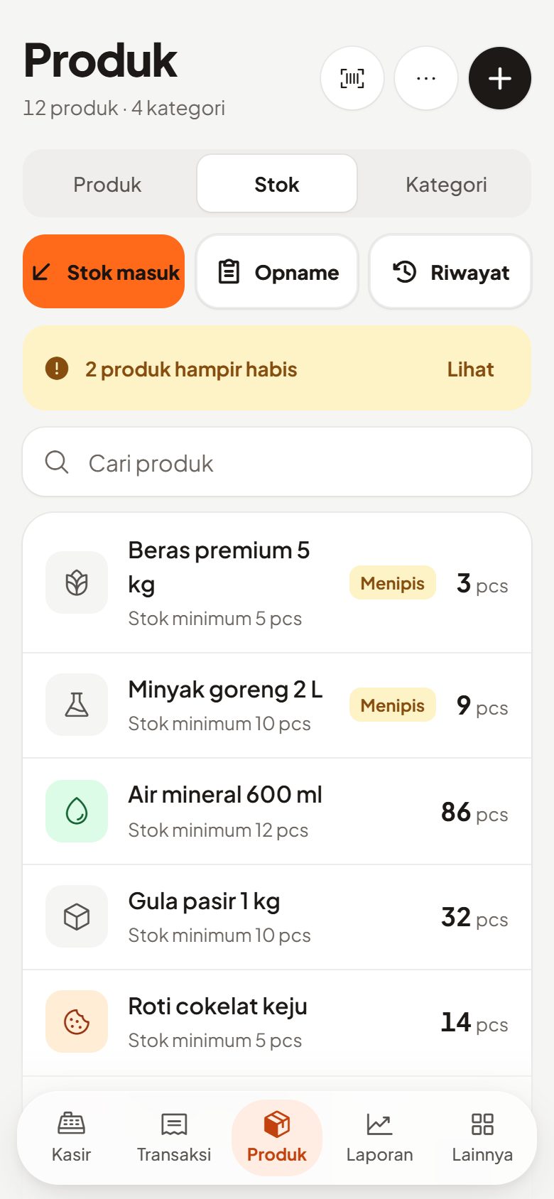Daftar stok dengan peringatan produk hampir habis